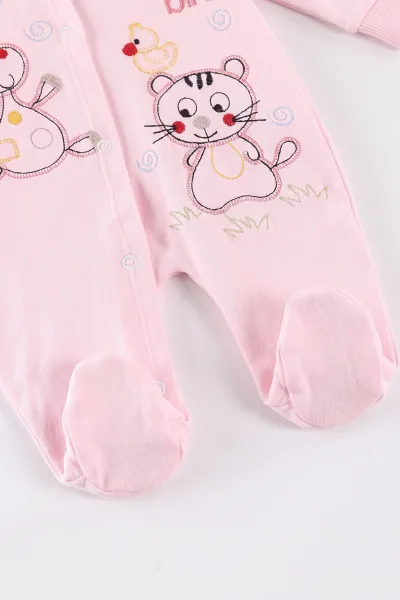 Pembe (0-9 Ay) Sevimli Hayvanlar Nakışlı Şapkalı Eldivenli Penye Bebek Tulum 500413
