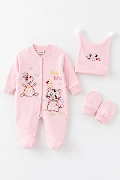 Pembe (0-9 Ay) Sevimli Hayvanlar Nakışlı Şapkalı Eldivenli Penye Bebek Tulum 500413