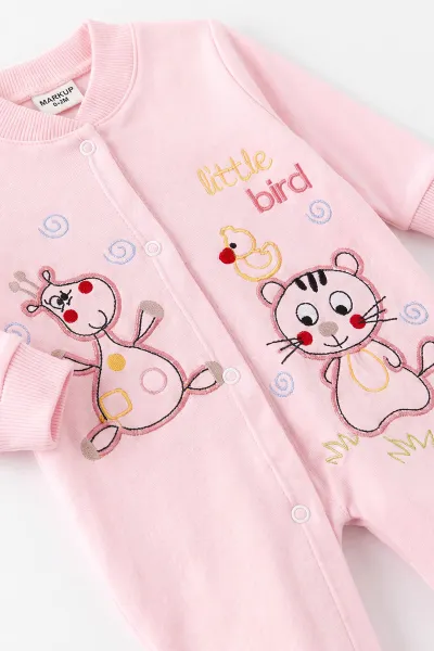 Pembe (0-9 Ay) Sevimli Hayvanlar Nakışlı Şapkalı Eldivenli Penye Bebek Tulum 500413