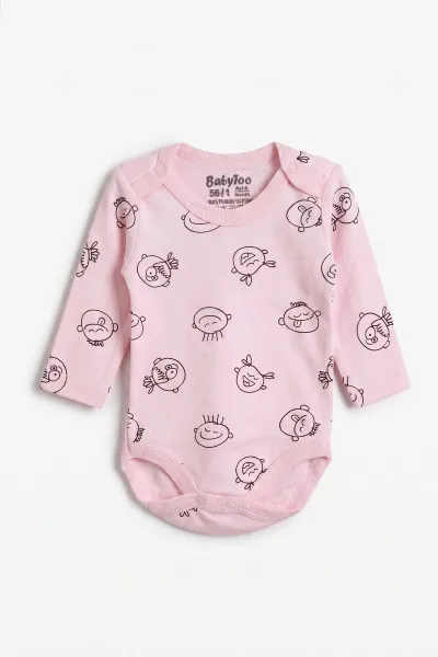 Pembe (0-9 Ay) Sevimli Surat Desenli Uzun Kol Bebek Çıtçıtlı Badi 482331