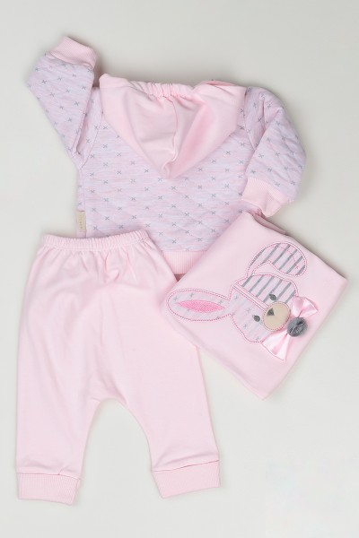 Pembe (0-9 Ay) Tavşan Baskılı Zıbınlı Kız Çocuk Üçlü Takım 84187