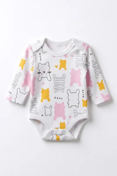 Pembe (0-9 Ay) Tavşan Desenli Uzun Kol Bebek Çıtçıtlı Badi 482327