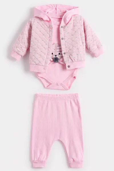 Pembe (0-9 Ay)  Tavşan Nakışlı Kapüşonlu Hırkalı Kız Bebek 3'lü Takım 476065