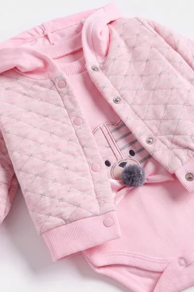 Pembe (0-9 Ay)  Tavşan Nakışlı Kapüşonlu Hırkalı Kız Bebek 3'lü Takım 476065