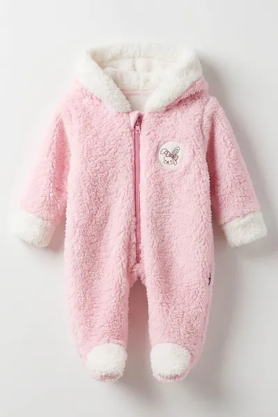 Pembe (0-9 Ay) Tavşan Nakışlı Kapüşonlu Peluş Kız Bebek Tulum 495668