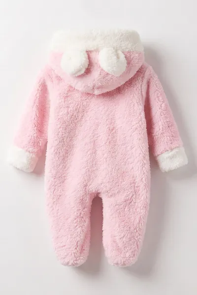 Pembe (0-9 Ay) Tavşan Nakışlı Kapüşonlu Peluş Kız Bebek Tulum 495668