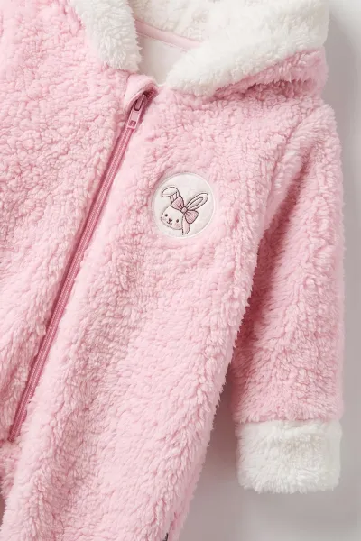 Pembe (0-9 Ay) Tavşan Nakışlı Kapüşonlu Peluş Kız Bebek Tulum 495668