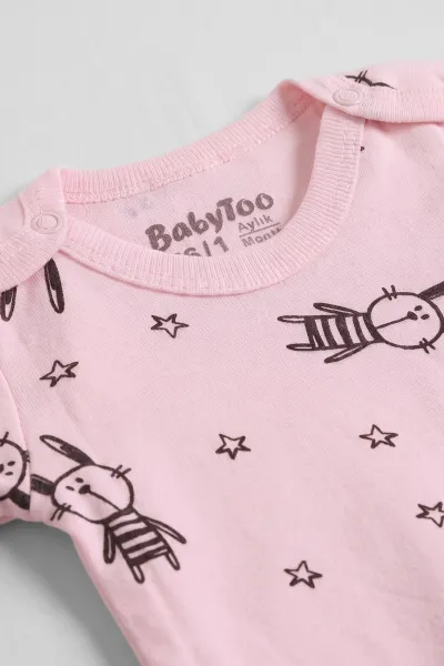 Pembe (0-9 Ay) Yıldızlı Tavşan  Desenli Bebek Çıtçıtlı Badi 482296