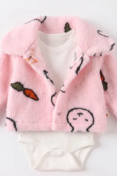 Pembe (0-9 Ay) Zıbınlı  Tavşan Desenli Peluş Ceket ve Pantolonlu Kız Bebek 3'lü Takım 495693