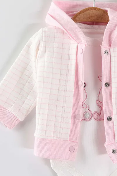 Pembe (0-9 Ay)2  Ayıcık Nakışlı  Zıbınlı Kapüşonlu Hırkalı Kız Bebek 3'lü Takım 456392