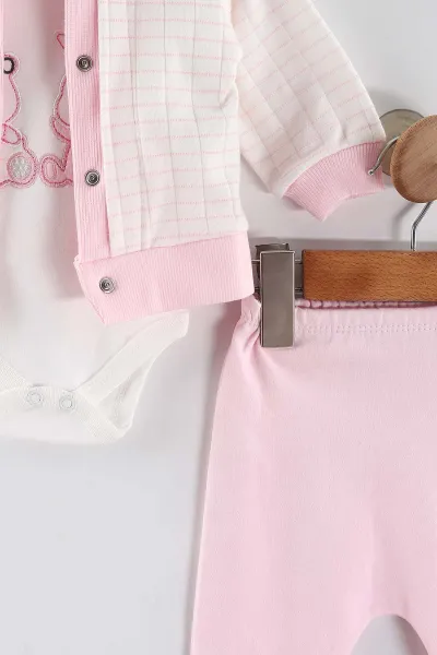 Pembe (0-9 Ay)2  Ayıcık Nakışlı  Zıbınlı Kapüşonlu Hırkalı Kız Bebek 3'lü Takım 456392