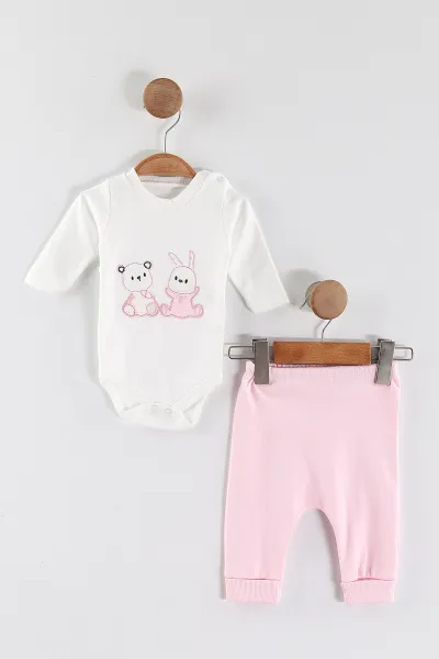 Pembe (0-9 Ay)2  Ayıcık Nakışlı  Zıbınlı Kapüşonlu Hırkalı Kız Bebek 3'lü Takım 456392