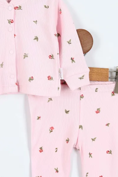 Pembe (0-9 Ay)Lale Desenli Önü Çıtçıtlı Kız Bebek Pijama Takımı 375221