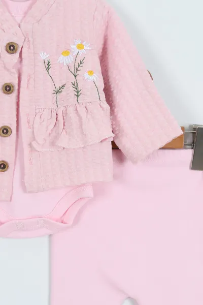Pembe (0-9 Ay)Papatya Nakışlı Zıbınlı  Hırkalı 3'lü Kız Bebek Takım 341375