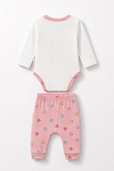 Pembe (0-9 Ay)Taçlı Ayıcık Baskılı Çıt Çıtlı Badili Kız Bebek Takım 477399