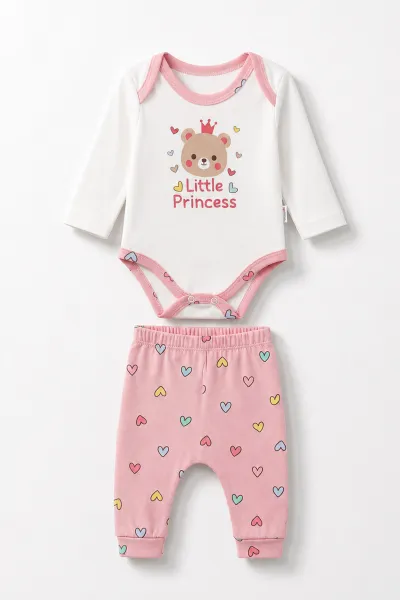 Pembe (0-9 Ay)Taçlı Ayıcık Baskılı Çıt Çıtlı Badili Kız Bebek Takım 477399