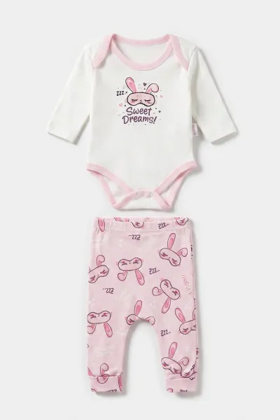 Pembe (0-9 Ay)Tavşan Baskılı Çıt Çıtlı Badili Kız Bebek Takım 477396