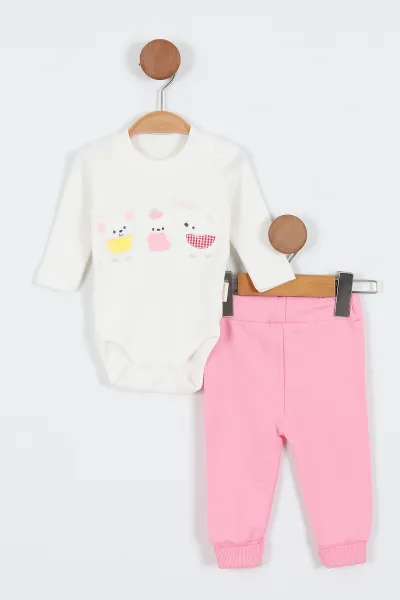 Pembe (1-12 Ay)3 Tavşan Nakışlı Çıtçıt Hırkalı Kız Bebek 3'lü Takım 340672