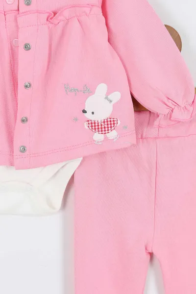 Pembe (1-12 Ay)3 Tavşan Nakışlı Çıtçıt Hırkalı Kız Bebek 3'lü Takım 340672