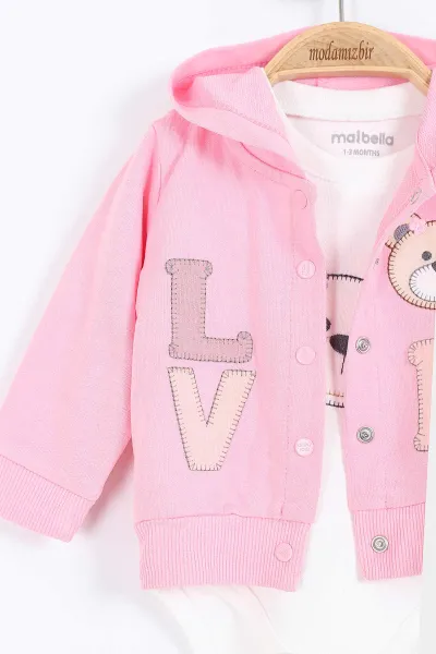 Pembe (1-12 Ay)Ayı Nakışlı  Kapüşonlu Hırkalı Zıbınlı Kız Bebek 3'lü Takım 383750