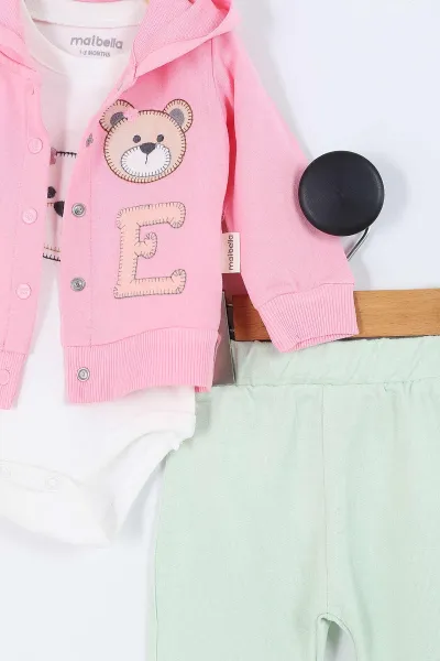 Pembe (1-12 Ay)Ayı Nakışlı  Kapüşonlu Hırkalı Zıbınlı Kız Bebek 3'lü Takım 383750