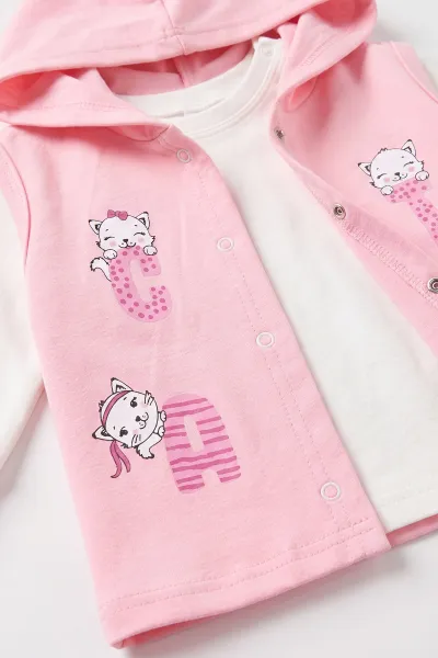 Pembe (1-2 Yaş) Kedi Baskılı Çıtçıtlı Hırka Kız Bebek 3'lü Takım 480029