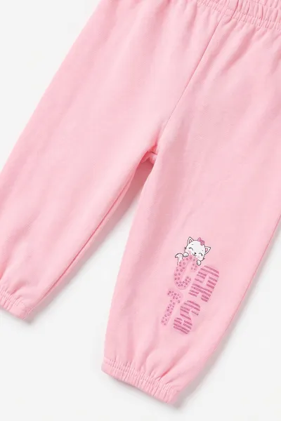 Pembe (1-2 Yaş) Kedi Baskılı Çıtçıtlı Hırka Kız Bebek 3'lü Takım 480029