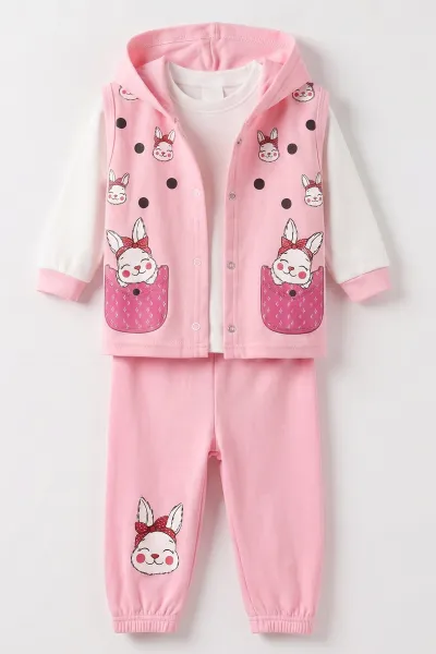 Pembe (1-2 Yaş) Tavşan Baskılı Kapüşonlu 3'lü Kız Bebek Takım 480004