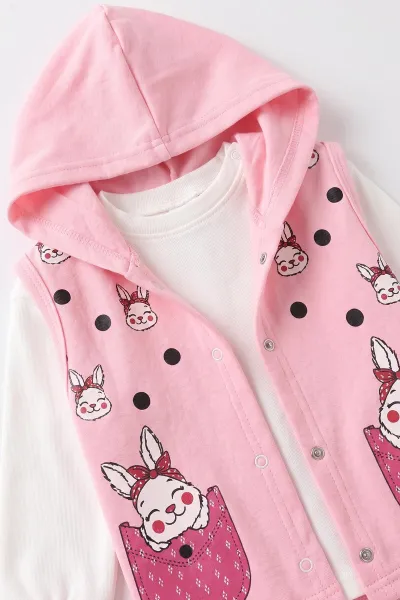 Pembe (1-2 Yaş) Tavşan Baskılı Kapüşonlu 3'lü Kız Bebek Takım 480004