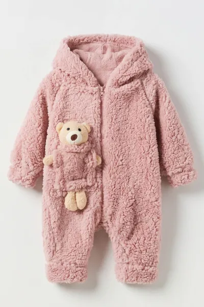 Pembe (1-3 Yaş) Ayı Oyuncaklı Kapüşonlu Unisex Çocuk&Bebek Peluş  Tulum 495652