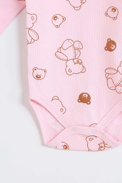 Pembe (1-3 Yaş) Ayıcık Desenli Raporlu Uzun Kollu Bebek Badi 304680