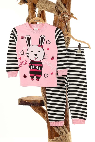 Pembe (1-3 Yaş) Çizgili Tavşan Baskılı Kız Çocuk Pijama Takım 145155