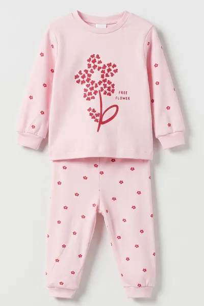 Pembe (1-3 Yaş ) Flower   Baskılı Penye Kız Bebek&Çocuk  Pijama Takım 500330