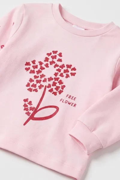 Pembe (1-3 Yaş ) Flower   Baskılı Penye Kız Bebek&Çocuk  Pijama Takım 500330