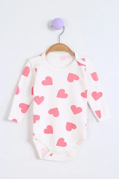 Pembe (1-3 Yaş) Kalp Desenli Uzun Kollu Bebek Badi 304652