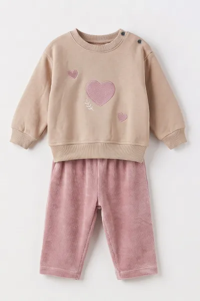 Pembe (1-3 Yaş) Kalp Nakışlı 3 İp Şardonlu Sweatli Alt Kadife Kız Bebek&Çocuk Kışlık Takım 499729