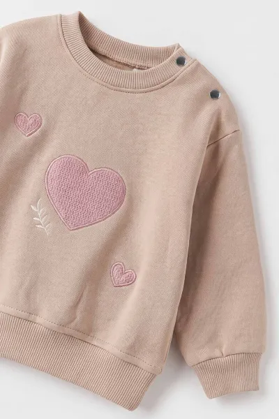 Pembe (1-3 Yaş) Kalp Nakışlı 3 İp Şardonlu Sweatli Alt Kadife Kız Bebek&Çocuk Kışlık Takım 499729