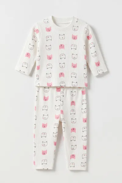 Pembe (1-3 Yaş) Kedi Desenli Raporlu Çocuk Pijama Takım 484712