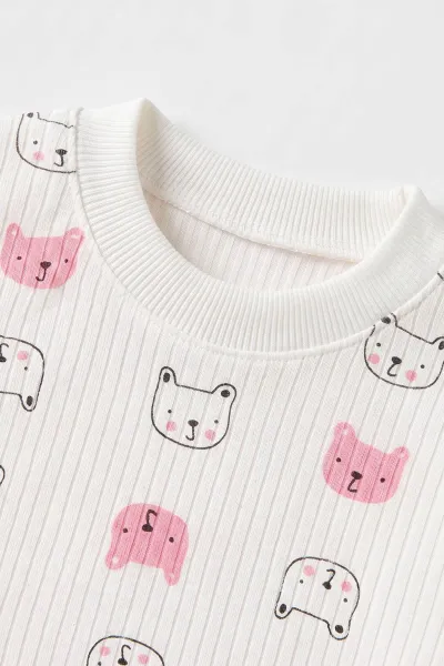 Pembe (1-3 Yaş) Kedi Desenli Raporlu Çocuk Pijama Takım 484712