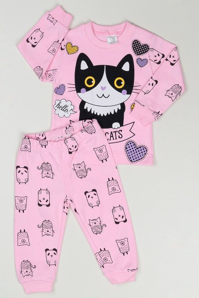 Pembe (1-3 Yaş) Sevimli Kedi Baskılı Kız Çocuk Pijama Takım 88623