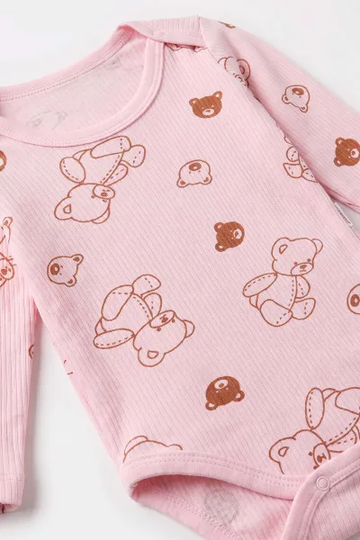Pembe (1-3 Yaş)Ayıcık  Baskılı Uzun Kollu Raporlu Bebek & Çocuk Çıtçıtlı Badi 480300