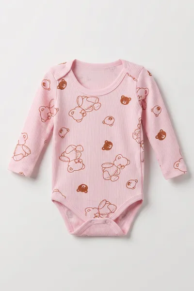 Pembe (1-3 Yaş)Ayıcık  Baskılı Uzun Kollu Raporlu Bebek & Çocuk Çıtçıtlı Badi 480300