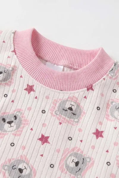 Pembe (1-3 Yaş)Ayıcık Desenli Çocuk Raporlu Pijama Takımı 477379