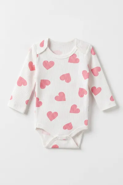 Pembe (1-3 Yaş)Büyük Kalp Baskılı Uzun Kollu Kız Bebek & Çocuk Çıtçıtlı Badi 480298