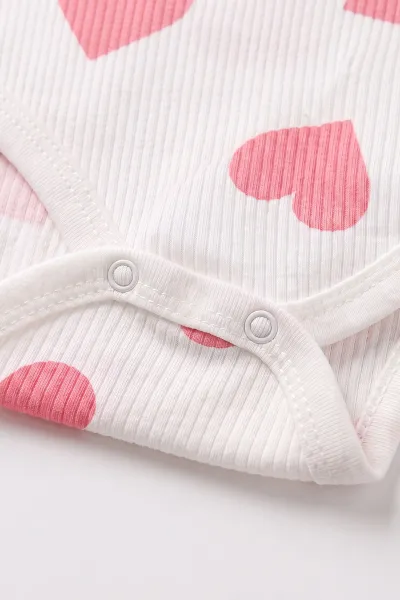Pembe (1-3 Yaş)Büyük Kalp Baskılı Uzun Kollu Kız Bebek & Çocuk Çıtçıtlı Badi 480298