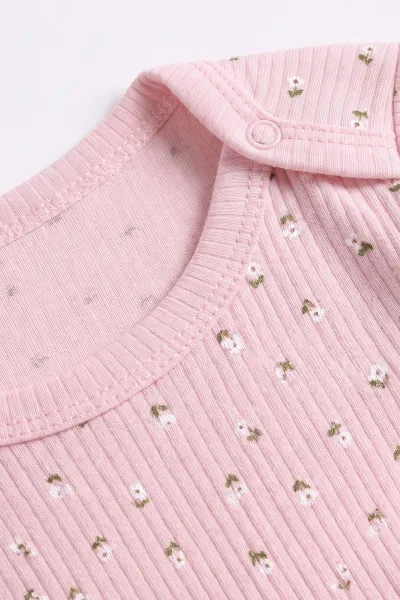 Pembe (1-3 Yaş)Çiçek Baskılı Uzun Kollu Kız Bebek & Çocuk Çıtçıtlı Badi 480289