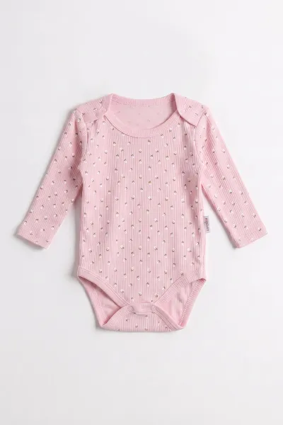 Pembe (1-3 Yaş)Çiçek Baskılı Uzun Kollu Kız Bebek & Çocuk Çıtçıtlı Badi 480289