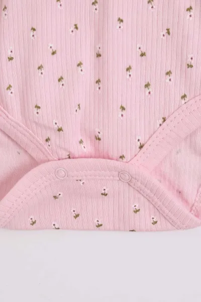 Pembe (1-3 Yaş)Çiçek Baskılı Uzun Kollu Kız Bebek & Çocuk Çıtçıtlı Badi 480289