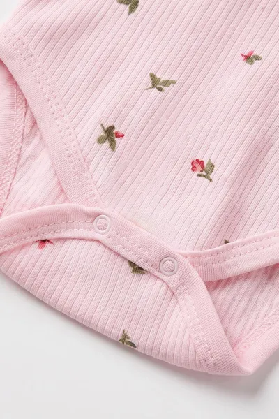 Pembe (1-3 Yaş)Lale Baskılı Uzun Kollu Kız Bebek & Çocuk Çıtçıtlı Badi 480295