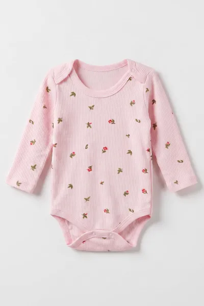 Pembe (1-3 Yaş)Lale Baskılı Uzun Kollu Kız Bebek & Çocuk Çıtçıtlı Badi 480295